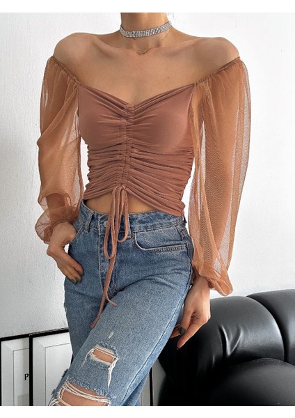 Tül Kol Ön Büzgü Detaylı Kadın Bluz modelleri