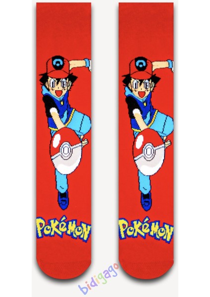 Pokemon Desenli Kırmızı Renkli Unisex Kolej Çorap