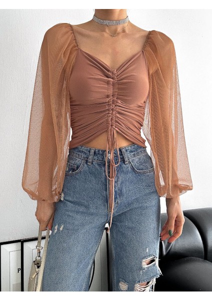 Tül Kol Ön Büzgü Detaylı Kadın Bluz fırsatları