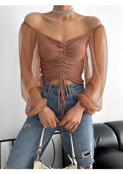 Tül Kol Ön Büzgü Detaylı Kadın Bluz indirimleri