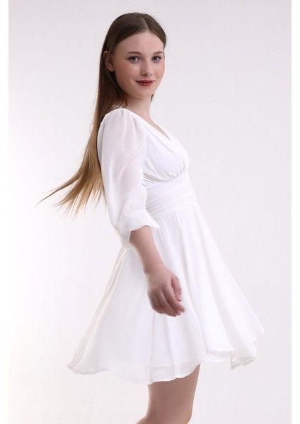 Beyaz Şifon Mini Abiye Nikah Elbise Tasarım Büyük Beden Bayramlık