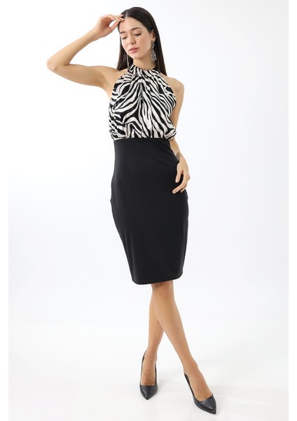 Siyah-Beyaz Saten Zebra Desenli Halter Yaka Kolsuz Midi Elbise Tasarım Büyük Beden fırsatları