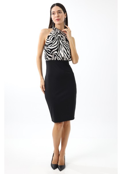 Siyah-Beyaz Saten Zebra Desenli Halter Yaka Kolsuz Midi Elbise Tasarım Büyük Beden indirimleri