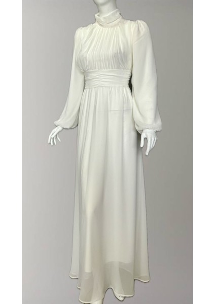 Beyaz Şifon Balıkçı Yaka Büzgülü Uzun Abiye Nikah Elbise Tasarım Büyük Beden Tesettür Bayram