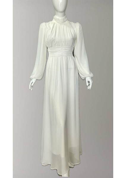 Beyaz Şifon Balıkçı Yaka Büzgülü Uzun Abiye Nikah Elbise Tasarım Büyük Beden Tesettür Bayram modelleri