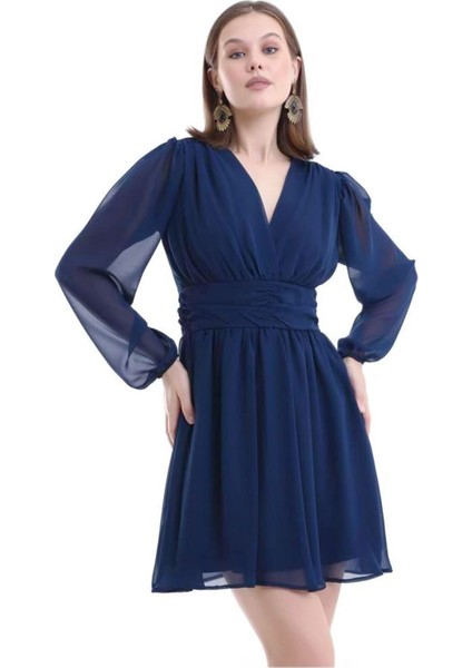 Lacivert Şifon Mini Abiye Nikah Elbise Tasarım Büyük Beden Bayramlık