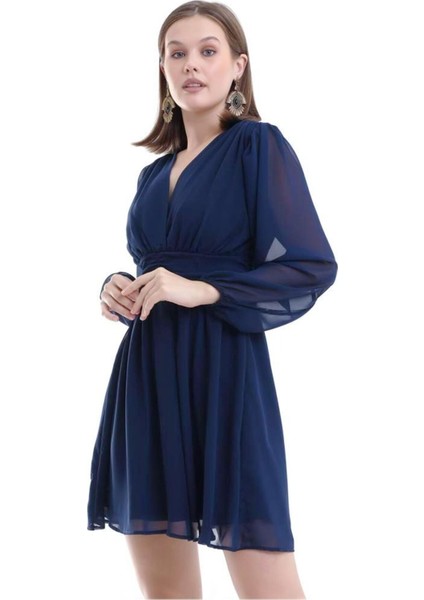 Lacivert Şifon Mini Abiye Nikah Elbise Tasarım Büyük Beden Bayramlık modelleri