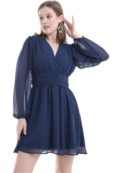 Lacivert Şifon Mini Abiye Nikah Elbise Tasarım Büyük Beden Bayramlık fırsatları