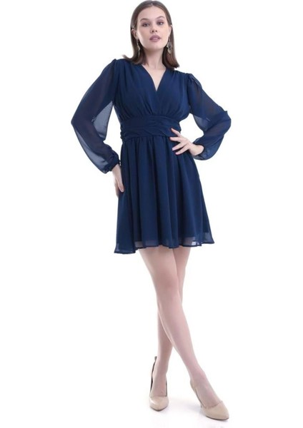 Lacivert Şifon Mini Abiye Nikah Elbise Tasarım Büyük Beden Bayramlık indirimleri