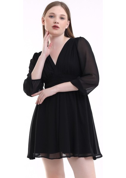 Siyah Şifon Mini Abiye Nikah Elbise Tasarım Büyük Beden Bayramlık modelleri