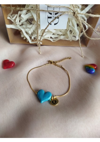 Kişiye Özel Harfli Beyaz Murano Kalp Detaylı Gold Zincir Bileklik