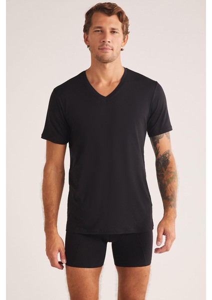 Emilio V Yaka Modal Erkek Tshirt Siyah