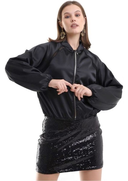 Saten File Detaylı Bomber Siyah Ceket Gömlek Tasarım Büyük Beden Tesettür Bayramlık fiyatları