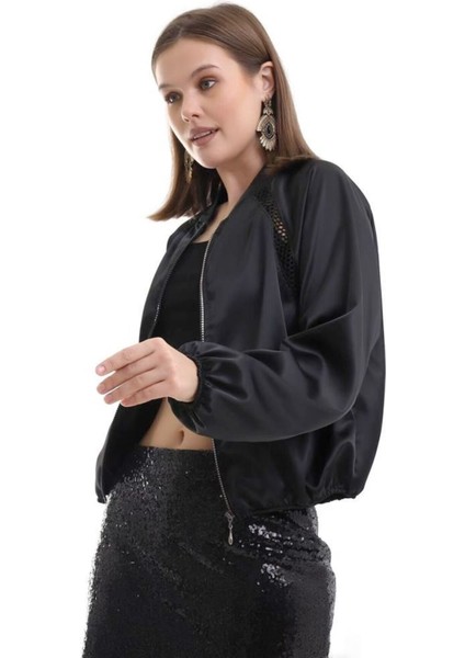 Saten File Detaylı Bomber Siyah Ceket Gömlek Tasarım Büyük Beden Tesettür Bayramlık indirimleri