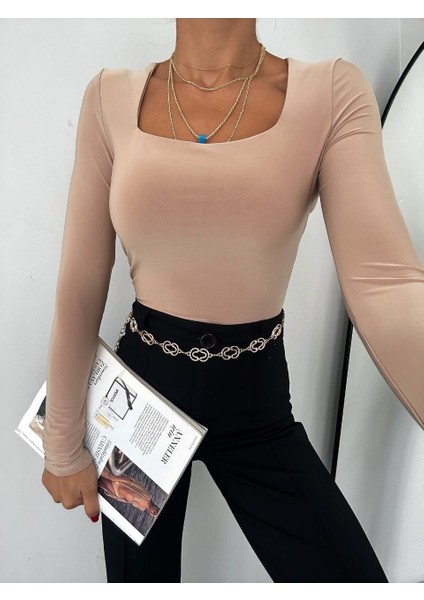 Kadın Sandy Kumaş Kare Yaka Uzun Kollu Body fırsatları