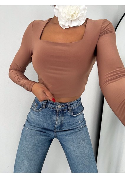 Kadın Sandy Kumaş Kare Yaka Uzun Kollu Body modelleri