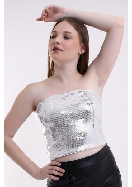 Metalik Pul Payetli Crop Büstiyer Tasarım Büyük Beden Bayramlık fiyatları