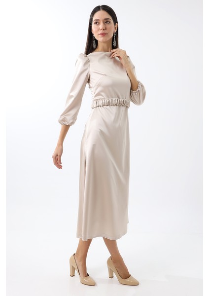 Krem Saten Sırt Dekolteli Balon Kol Midi Abiye Nişan Elbise Büyük Beden Bayramlık