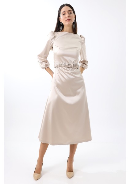 Krem Saten Sırt Dekolteli Balon Kol Midi Abiye Nişan Elbise Büyük Beden Bayramlık modelleri