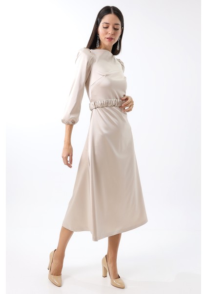 Krem Saten Sırt Dekolteli Balon Kol Midi Abiye Nişan Elbise Büyük Beden Bayramlık fırsatları