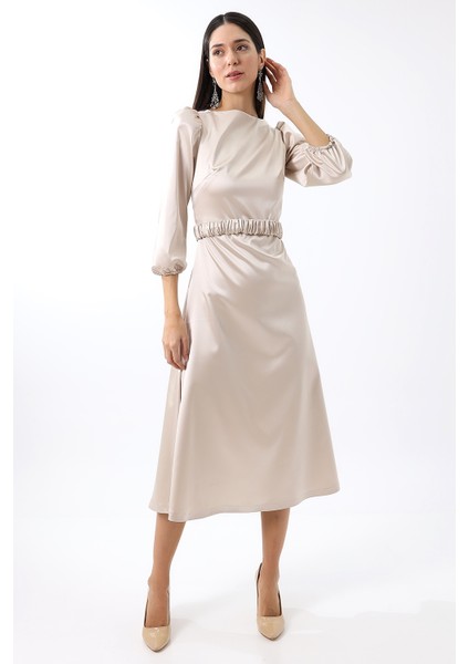 Krem Saten Sırt Dekolteli Balon Kol Midi Abiye Nişan Elbise Büyük Beden Bayramlık indirimleri