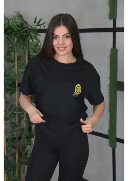 Bisiklet Yaka Baskılı Oversize T-Shirt Siyah