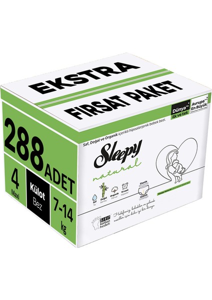 Külot Bebek Bezi Natural Beden:4 7-14 kg Maxi 288 Adet Ekstra Fırsat Paketi