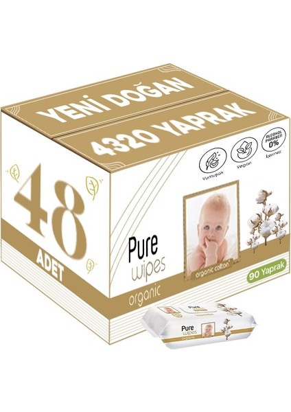 Pure Baby Islak Havlu Mendil 90 Yaprak Yenidoğan Organic Pamuklu (48 Li Set) 4320 Yaprak Plstk Kapak