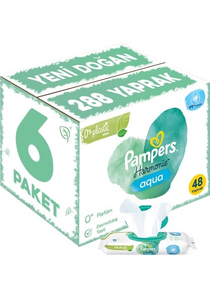 Pampers Harmonie Islak Havlu Mendil Aqua Pure 48 Yaprak 6 Lı Set (288 Yaprak) Organik Pamuk