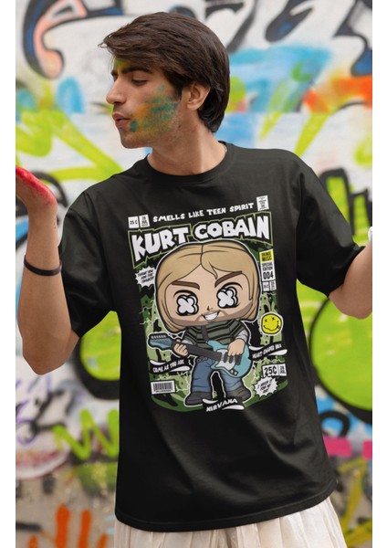 Minyatür Vokalist Kurt Cobain Baskılı T-Shirt Erkek-Kadın Rock Metal Baskılı T-Shirt modelleri
