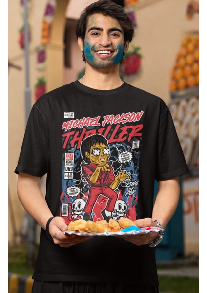 Minyatür Michael Jackson Baskılı T-Shirt Erkek-Kadın Moon Walk Baskılı T-Shirt