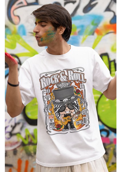 Minyatür Guns N' Roses Gitarist Slash Baskılı T-Shirt Erkek-Kadın Rock!N Roll Baskılı T-Shirt