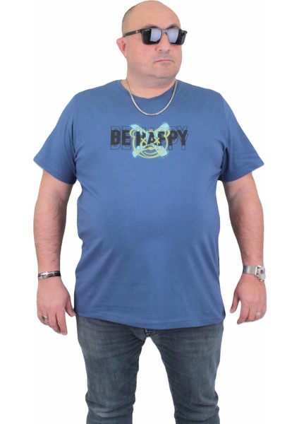 Erkek Büyük Beden Sıfır Yaka Tişört Be Happy 24131 Indıgo