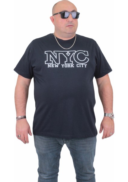 Mocgrande Erkek Büyük Beden Sıfır Yaka T-Shirt Nyc 24133 Lacıvert