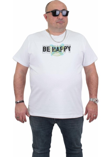 Moc Grande Mocgrande Erkek Büyük Beden Sıfır Yaka T-Shirt Be Happy 24131 Beyaz