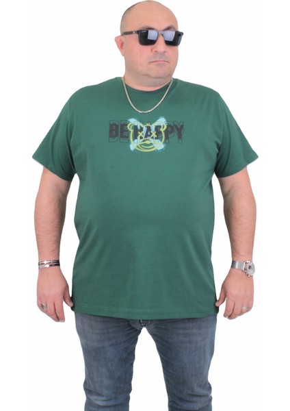 Mocgrande Erkek Büyük Beden Sıfır Yaka T-Shirt Be Happy 24131 Hakı