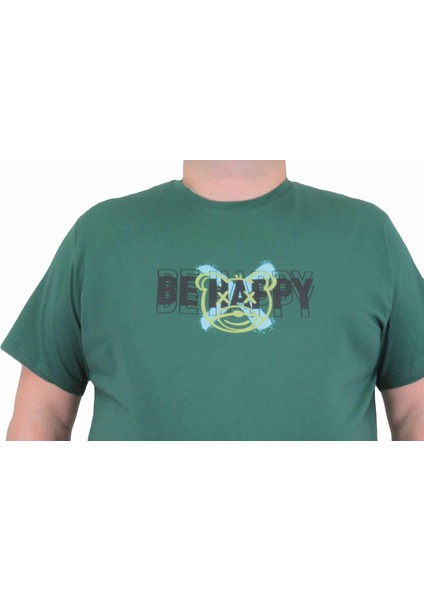 Mocgrande Erkek Büyük Beden Sıfır Yaka T-Shirt Be Happy 24131 Hakı modelleri