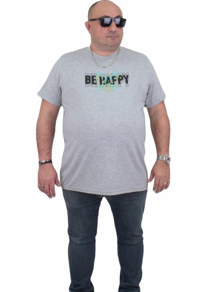 Mocgrande Erkek Büyük Beden Sıfır Yaka T-Shirt Be Happy 24131 Grı Melanj