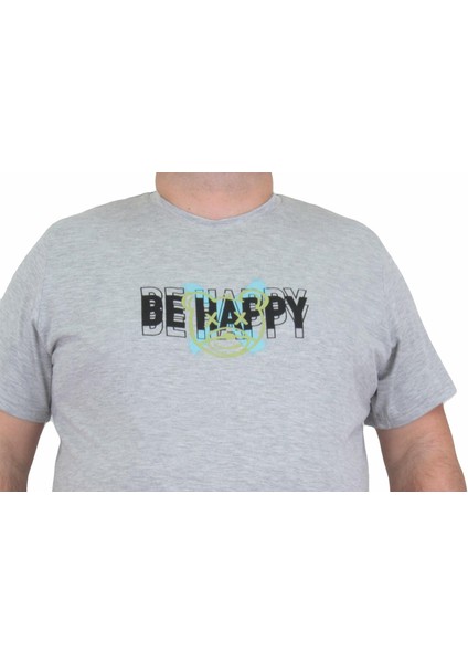 Mocgrande Erkek Büyük Beden Sıfır Yaka T-Shirt Be Happy 24131 Grı Melanj modelleri