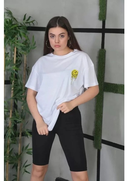 Stil Aura Unisex Bisiklet Yaka Baskılı Oversize T-Shirt - Beyaz