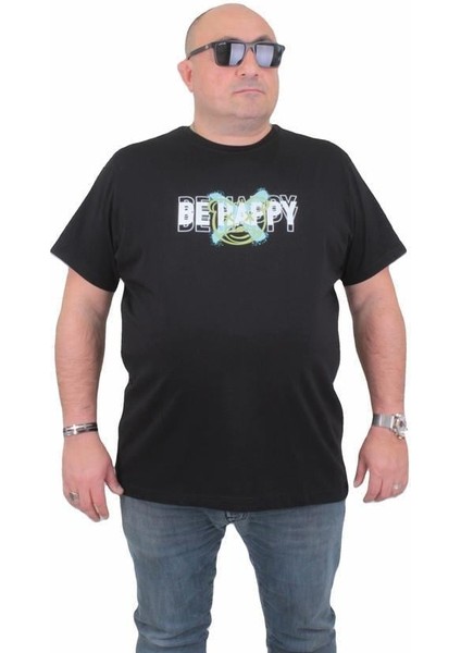Erkek Büyük Beden Sıfır Yaka T-Shirt Be Happy 24131 Sıyah