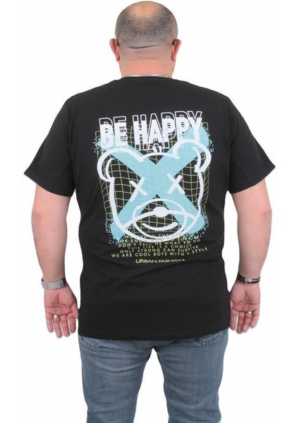 Erkek Büyük Beden Sıfır Yaka T-Shirt Be Happy 24131 Sıyah fiyatları