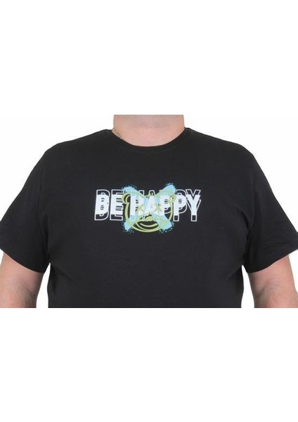 Erkek Büyük Beden Sıfır Yaka T-Shirt Be Happy 24131 Sıyah modelleri