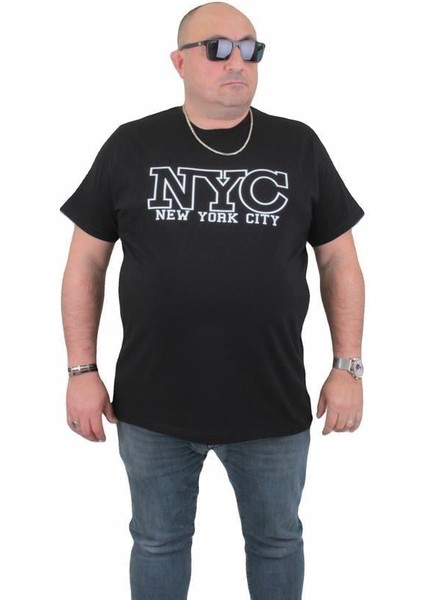 Erkek Büyük Beden Sıfır Yaka T-Shirt Nyc 24133 Sıyah
