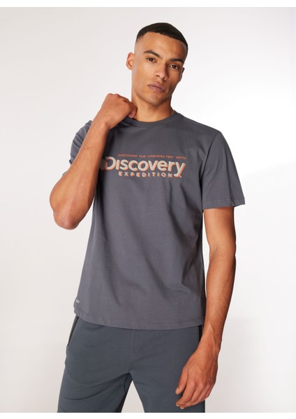 Discovery Expedition Antrasit Erkek Bisiklet Yaka Baskılı T-Shirt D4SM-TST3273