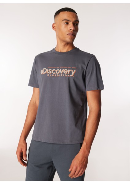 Discovery Expedition Antrasit Erkek Bisiklet Yaka Baskılı T-Shirt D4SM-TST3273