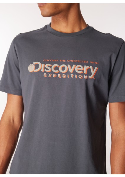 Discovery Expedition Antrasit Erkek Bisiklet Yaka Baskılı T-Shirt D4SM-TST3273