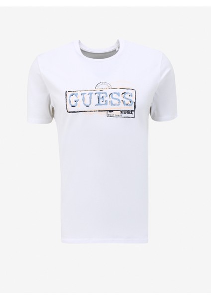 Bisiklet Yaka Düz Beyaz Erkek T-Shirt M4GI26J1314G011_SS Cn Guess Box Log