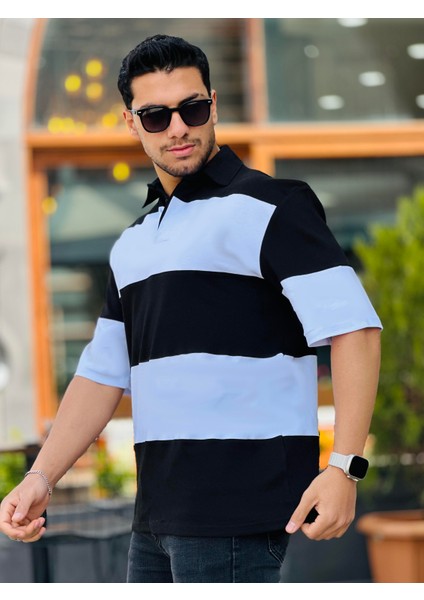 Siyah Beyaz Polo Yaka Blok Parçalı Oversize Tişört fiyatları