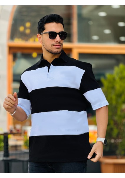 Siyah Beyaz Polo Yaka Blok Parçalı Oversize Tişört modelleri